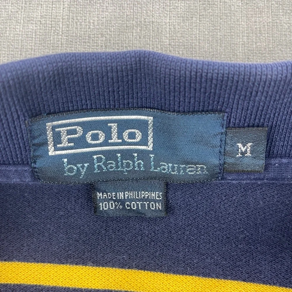 Polo Ralph Lauren Mens M Navy Yellow Striped Short Sleeve Pique‎ Polo Shirt